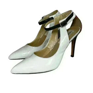 Jimmy Choo White Patent Leather w Black Ankle Strap Snakeskin Heel Pumps Size 39